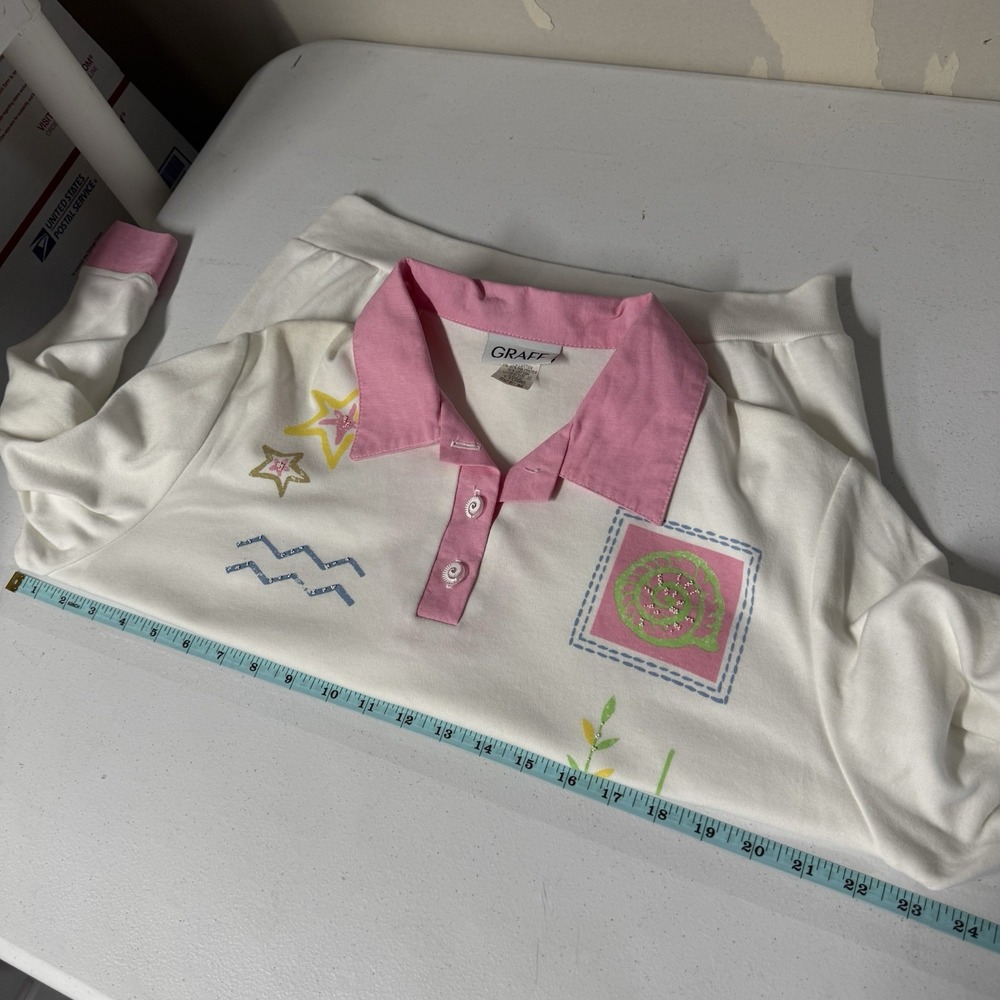 VTG 90s Beach Coastal Preppy White Pink Graff Collared Sweater Top Grandmacore - Picture 2 of 16